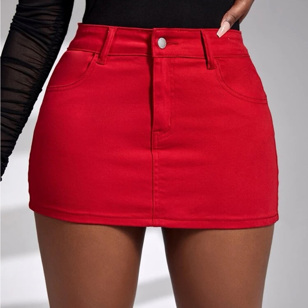 Red denim miniskirt